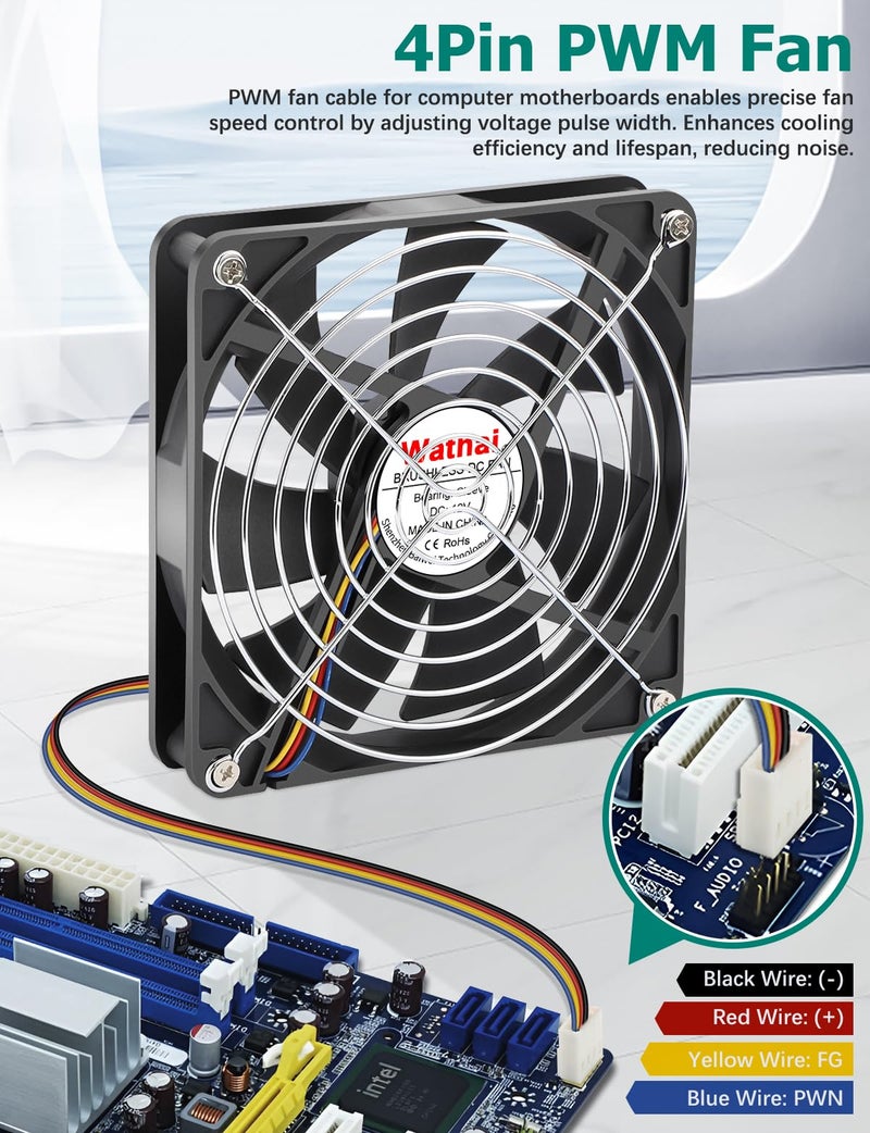 Wathai 120mm x 25mm 4Pin 12V Computer Case Fan DC Brushless Cooling Fan High Speed Replacement for Desktop PCs Case, AIO GPU Coolers - Image 4